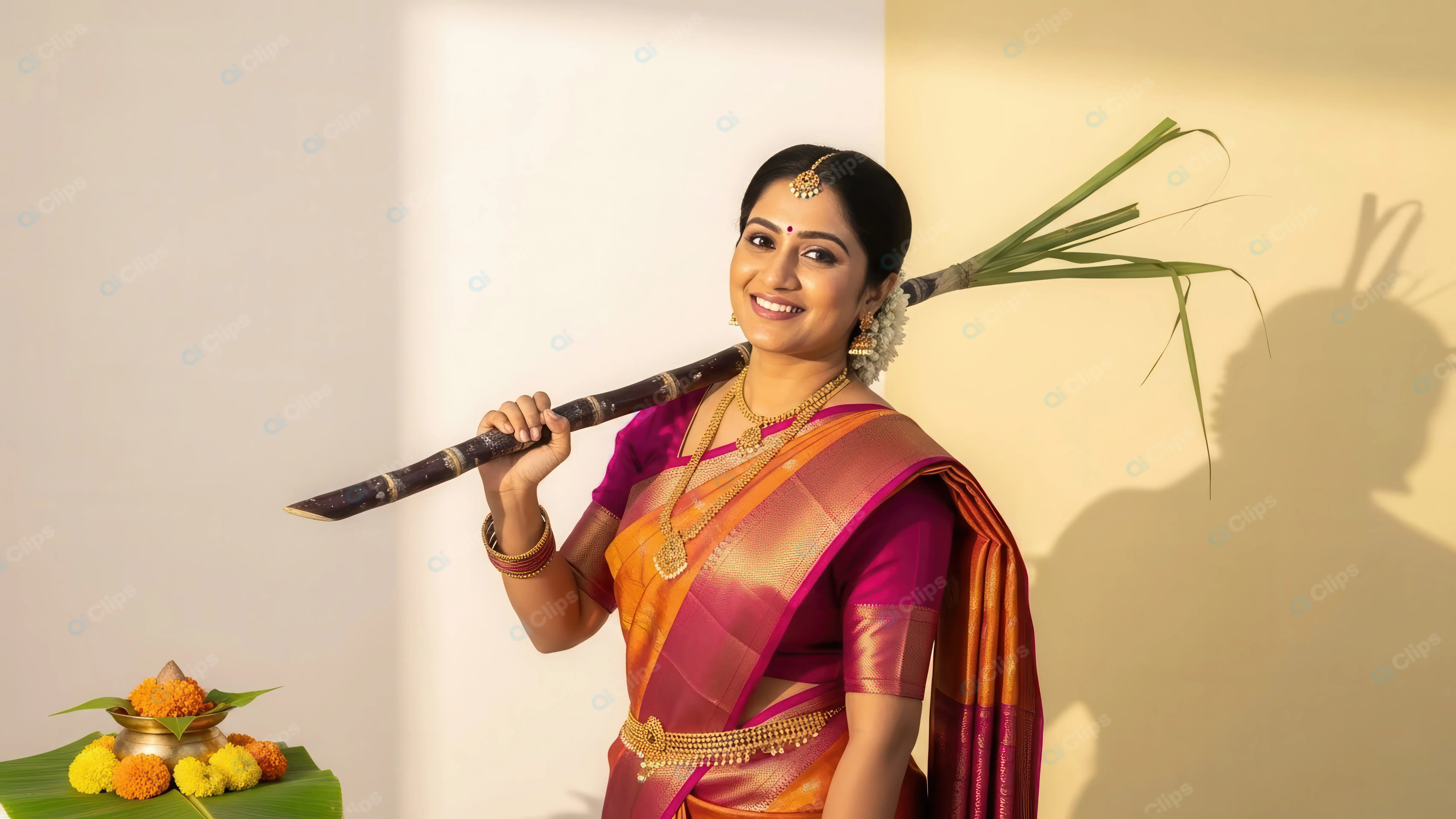 Radiant South Indian Woman with Sugarcane