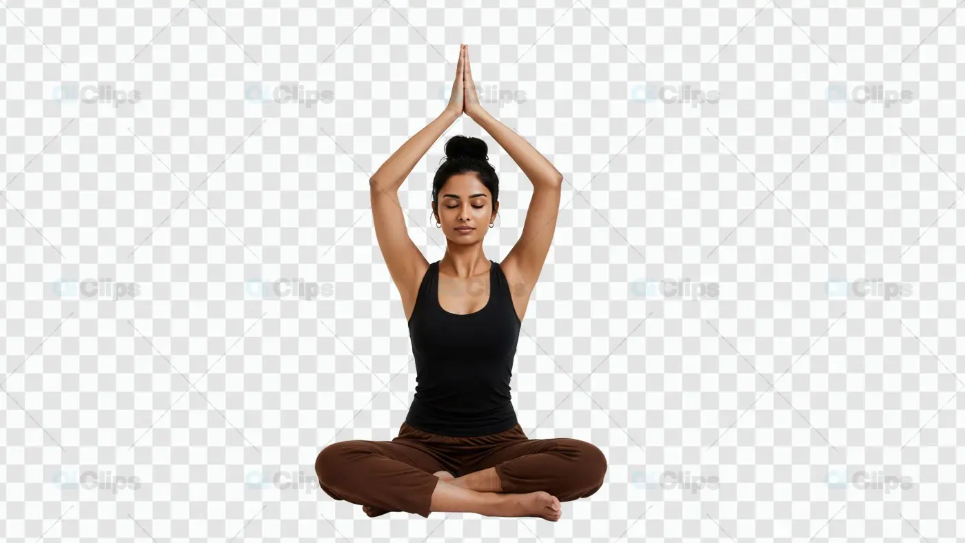Serene Yoga Meditation Pose with Raised Arms on White Background