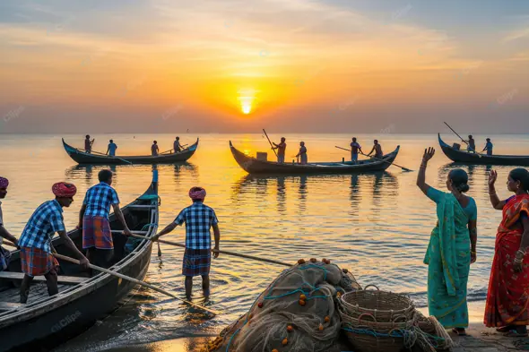 Coastal Fishing Community at Sunrise