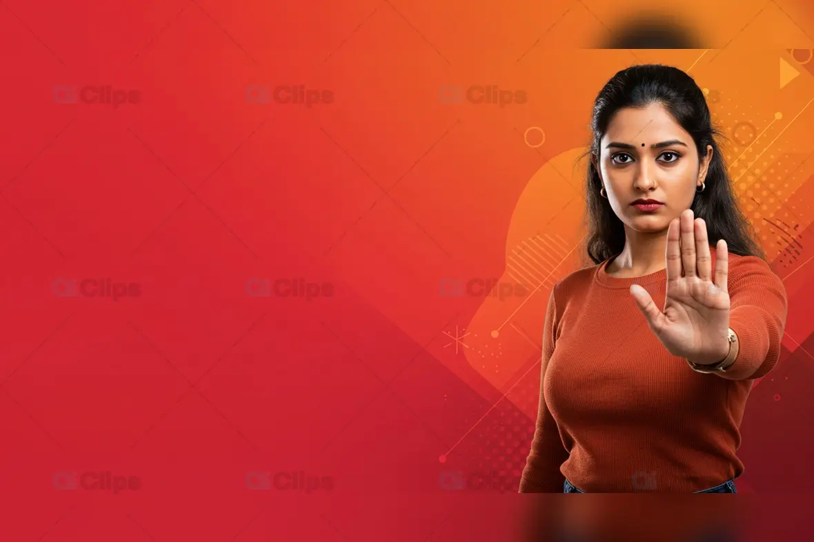 Indian Woman Gesturing Stop on Red and Orange Gradient Background