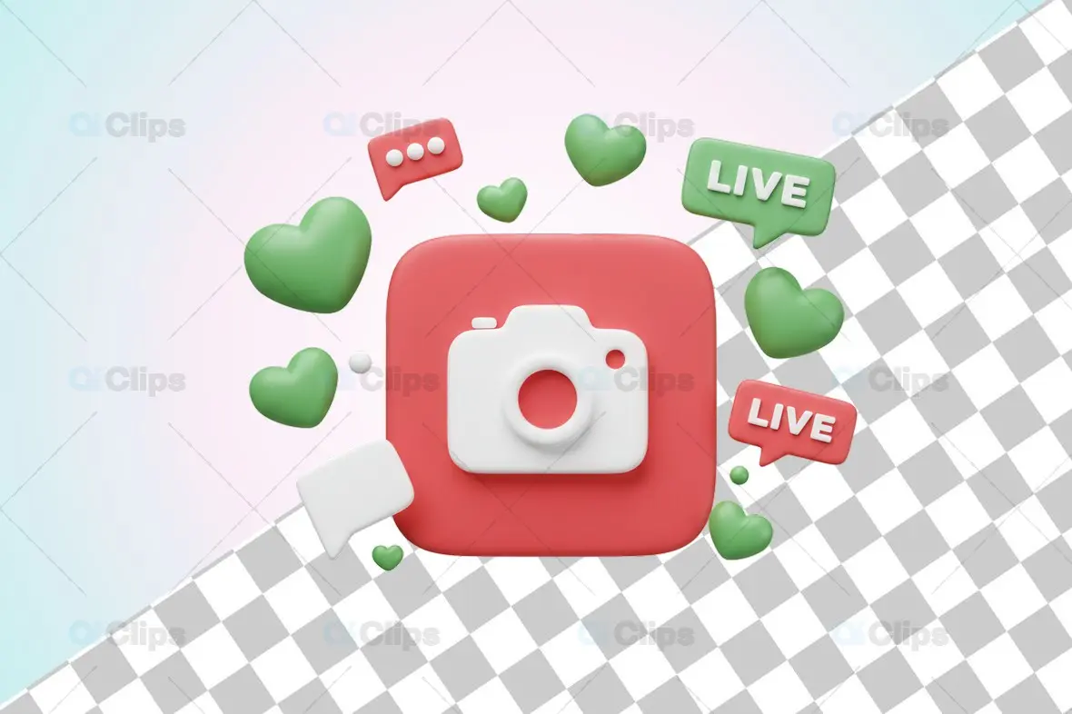 3D Social Media Live Streaming Camera Icon with Hearts