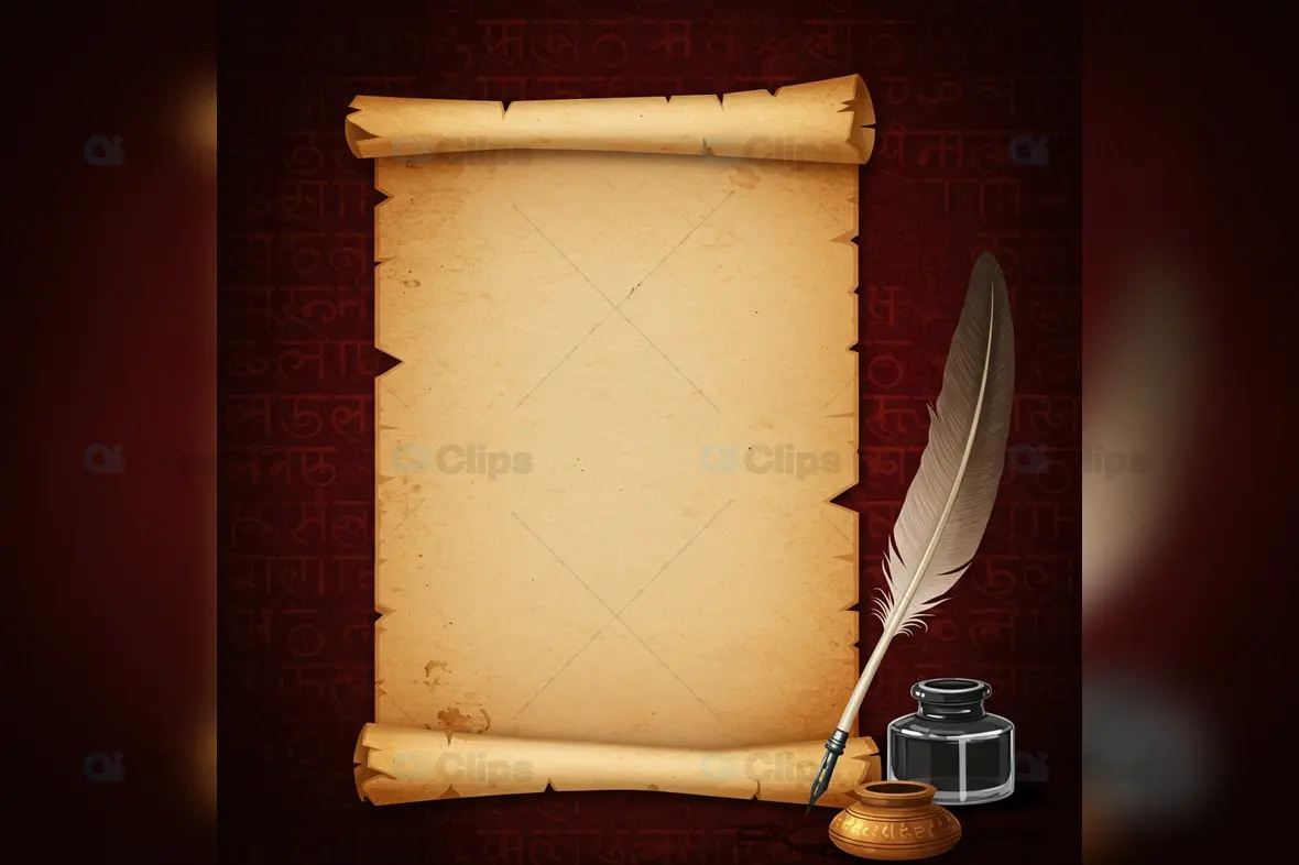 Vintage Scroll with Quill and Inkwell on Sanskrit Background