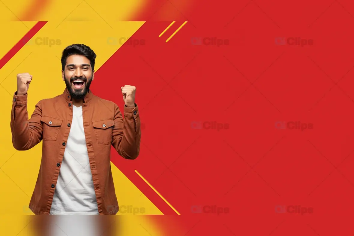 Excited Indian Man in Brown Jacket with Red and Yellow Background