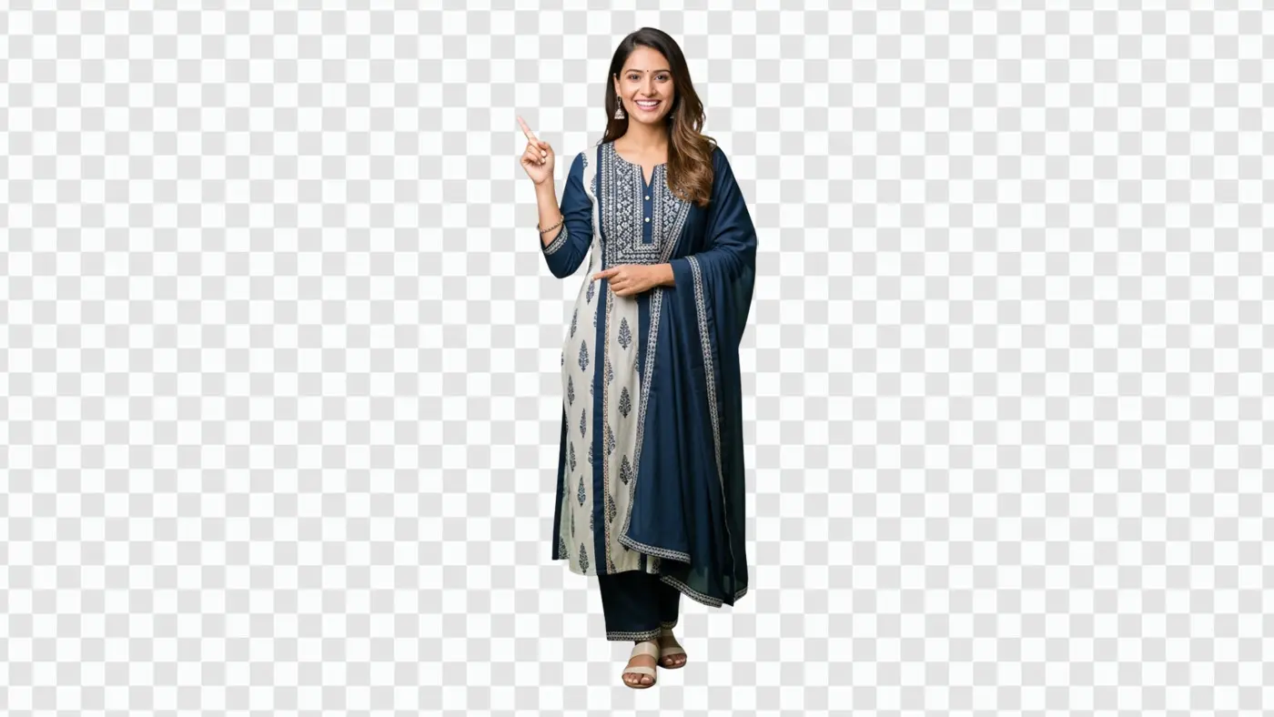 Smiling Indian woman in traditional attire pointing up PNG