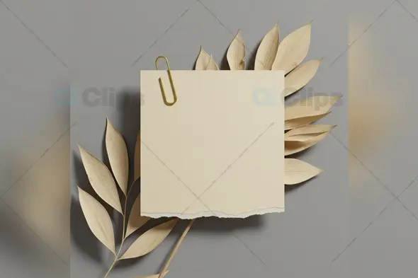 Minimal Paper Note with Dried Leaves and Gold Paperclip