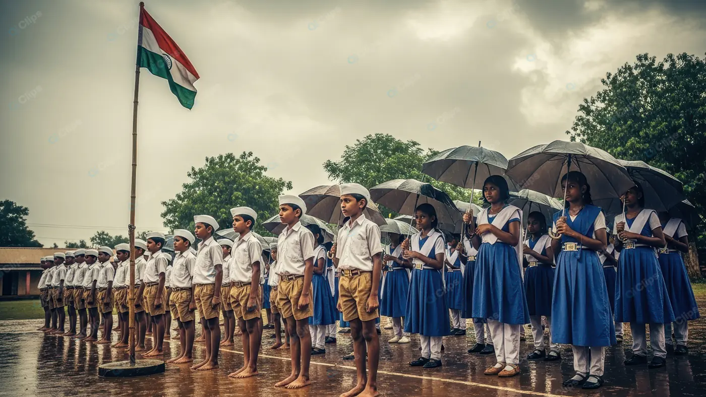 Patriotic School Assembly in Rain