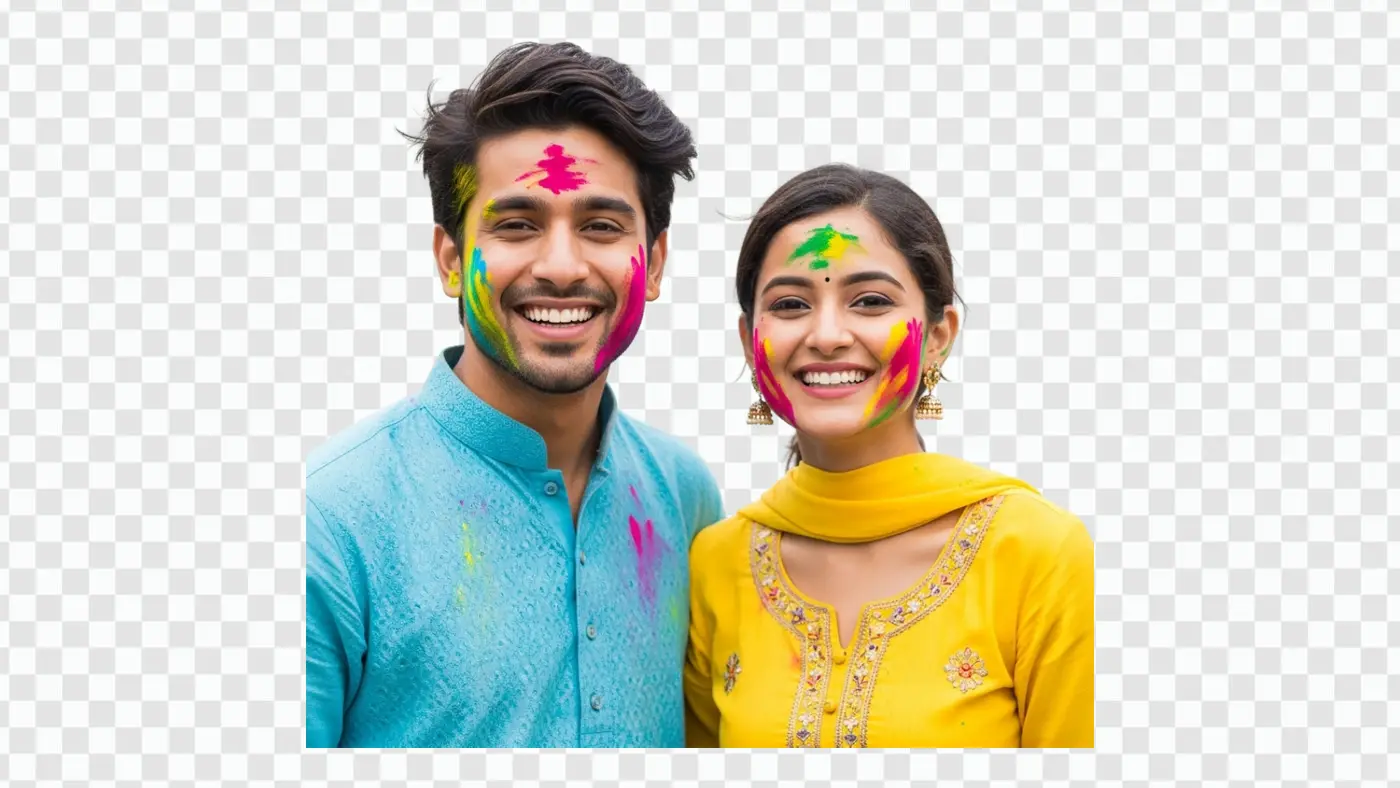 Joyful Indian Couple Celebrating Holi Festival Clipart PNG