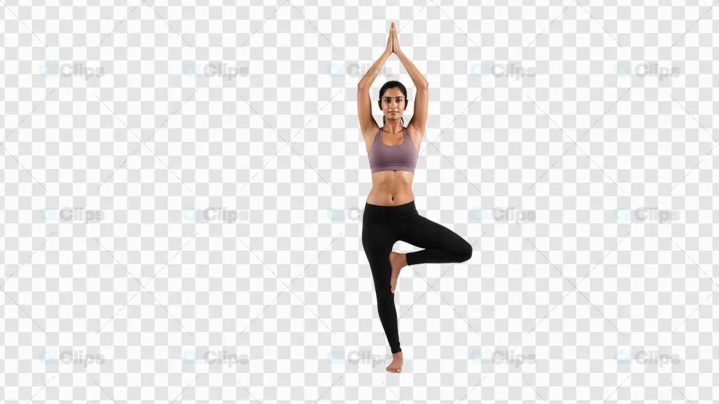 Woman Performing Tree Pose Yoga on White Background