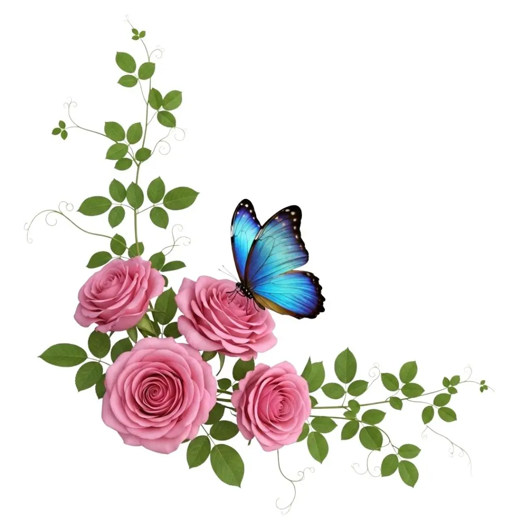 Vibrant Blue Butterfly on Pink Roses Corner Clipart