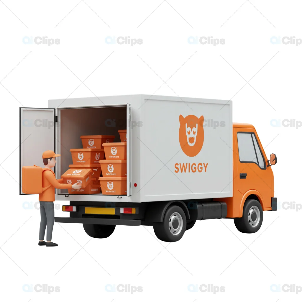 Swiggy-Themed Delivery Truck 3D Illustration