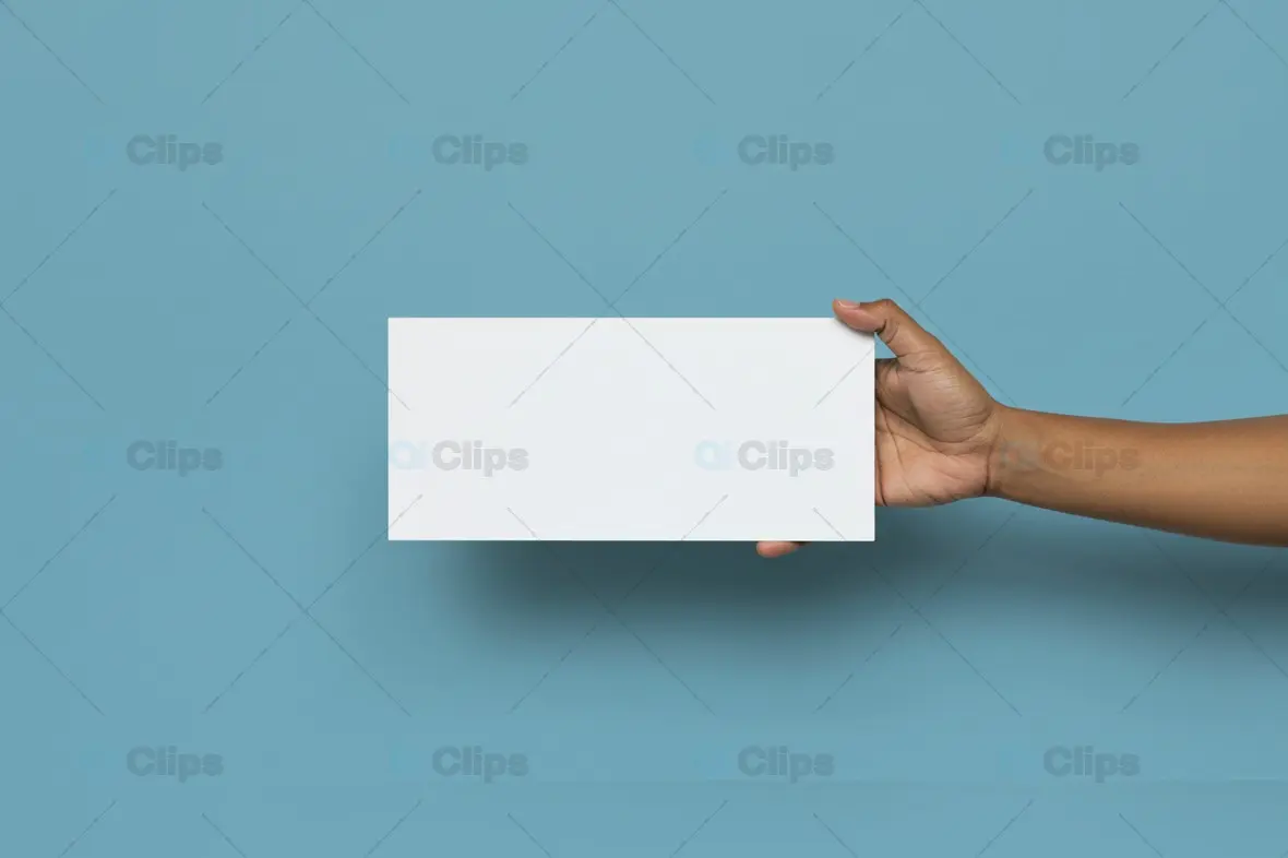 Minimalist Blank Card Held by Hand on Blue Background