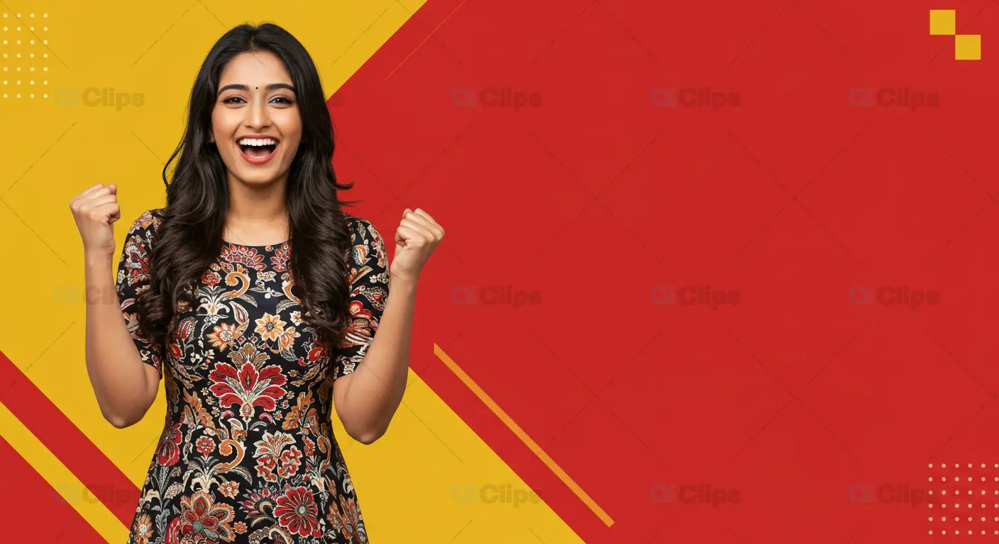 Excited Indian Woman in Floral Dress with Red and Yellow Background