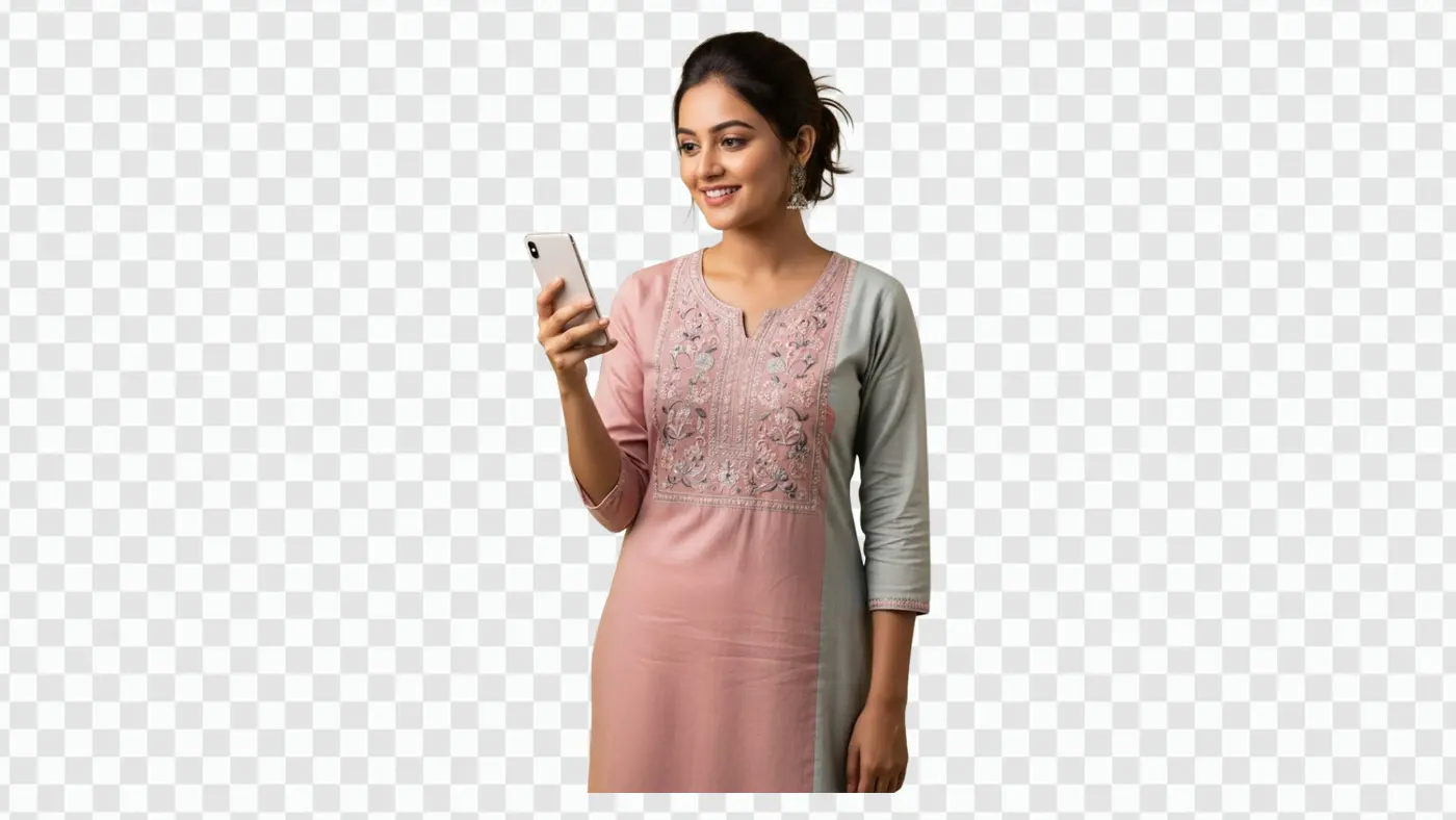 Smiling Indian Woman in Kurta Using Smartphone PNG Clipart