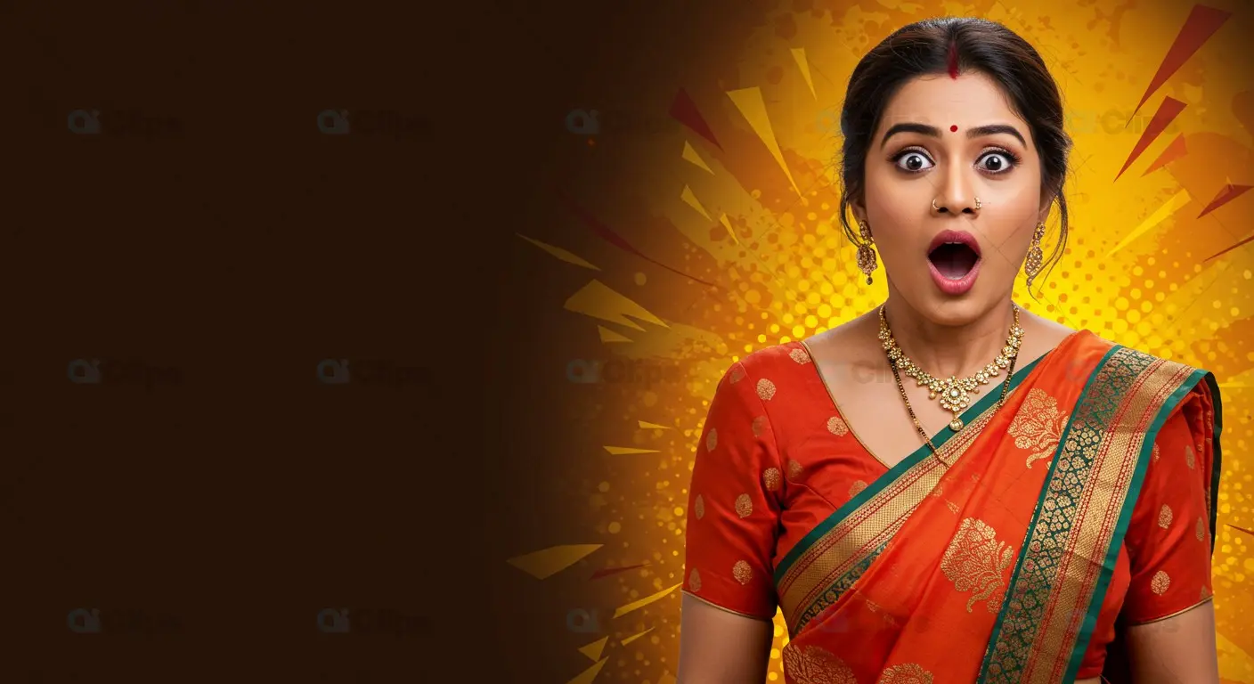 Surprised Woman in Traditional Saree Background