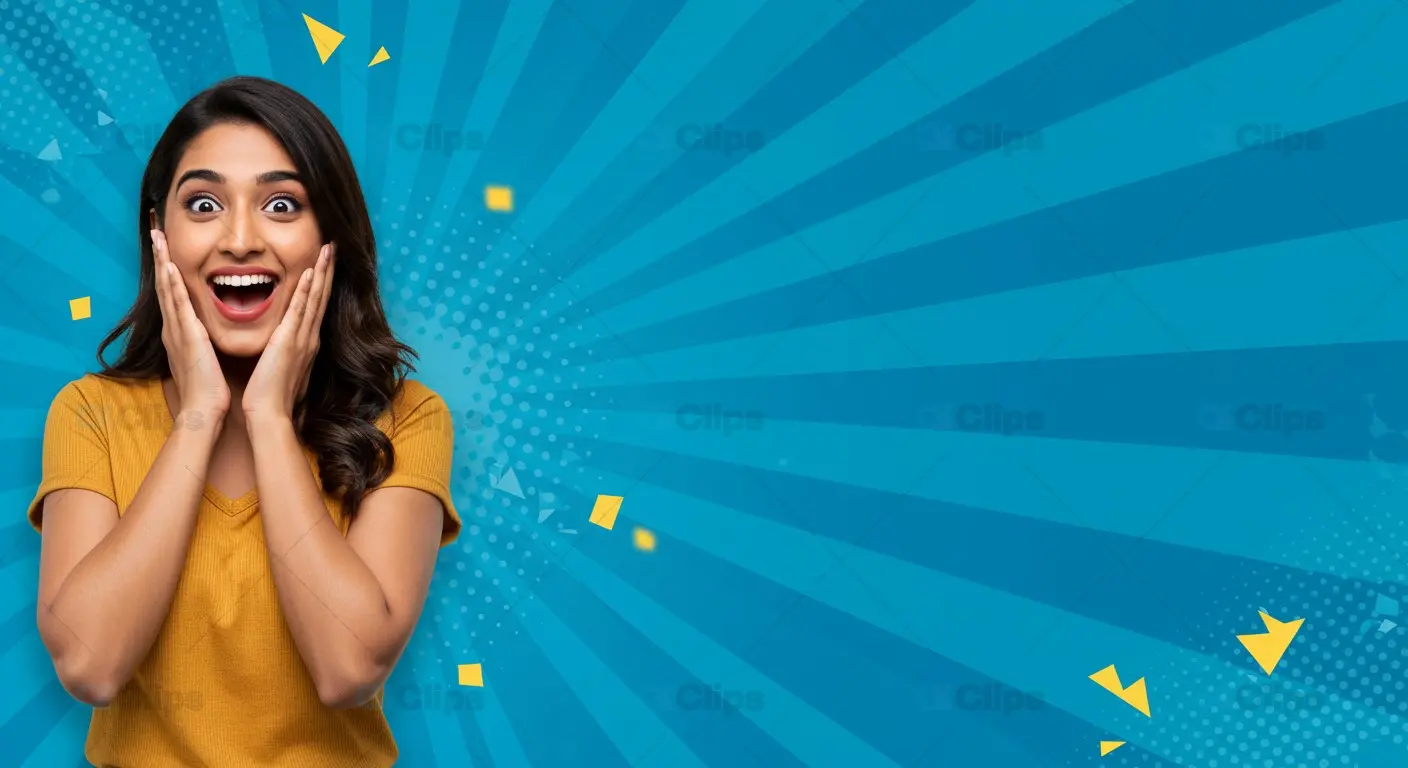 Excited Woman on Blue Radiant Background with Yellow Accents