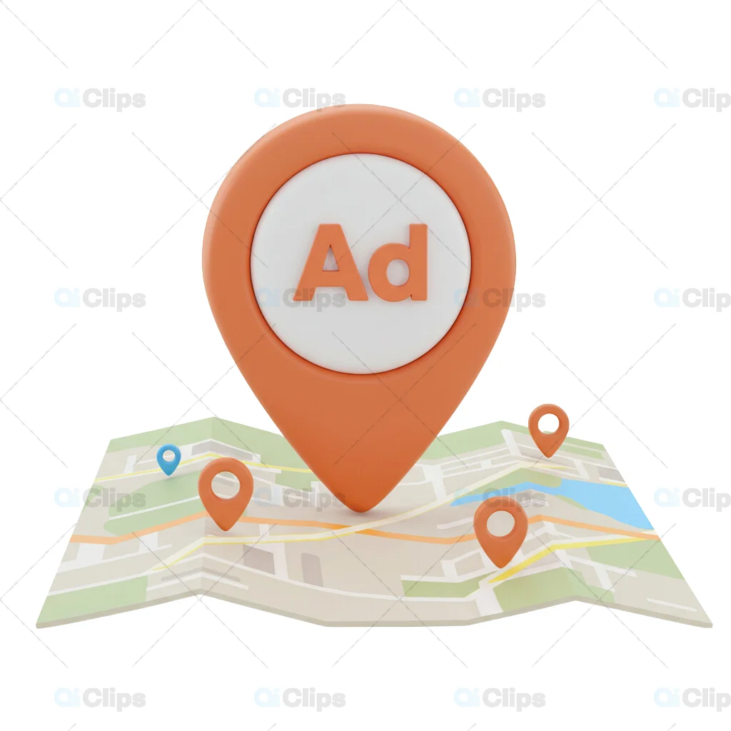 3D Location Pin with Ad Icon on Folded Map