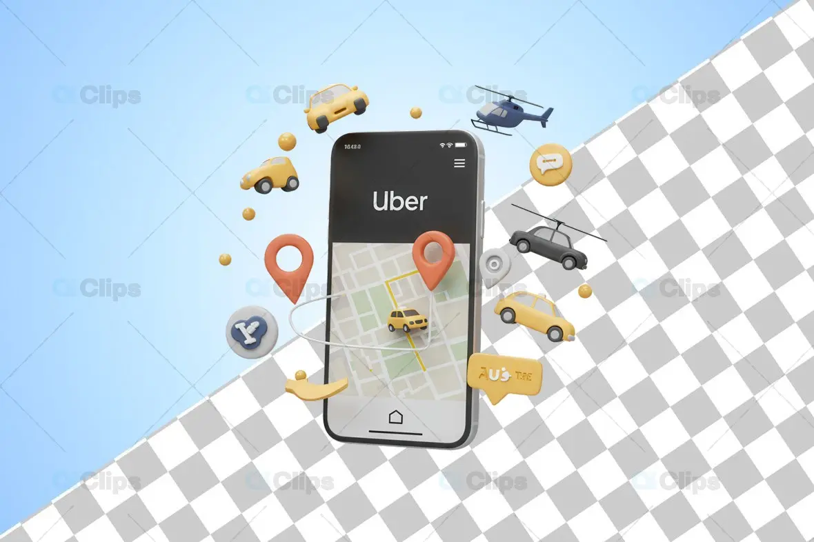 3D Uber App Interface with Transportation Icons