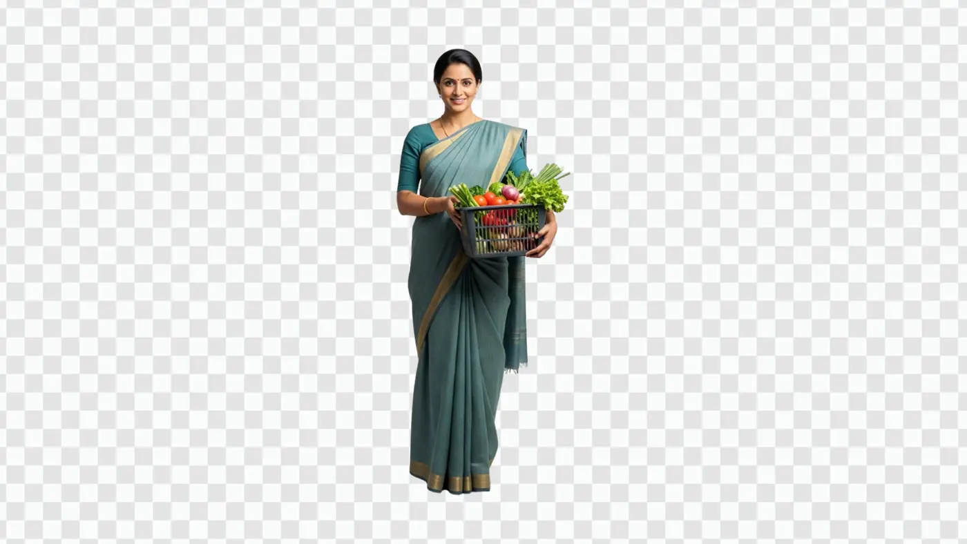 Smiling Indian Woman in Saree with Vegetable Basket PNG