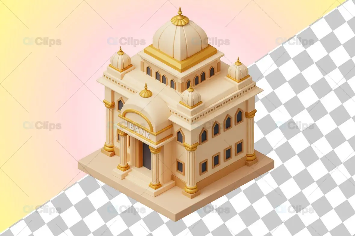 Isometric 3D Classical Bank Building with Ornate Domes