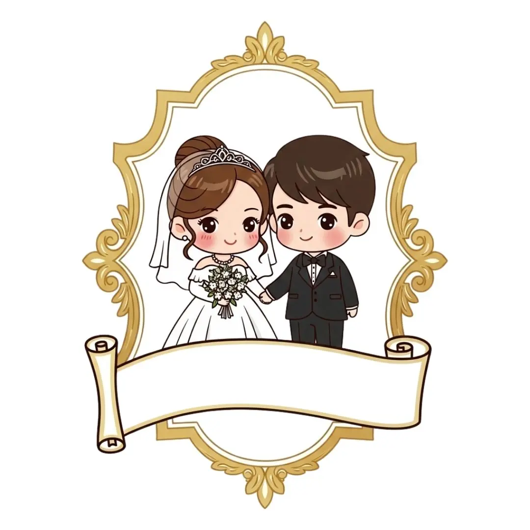 Sweet Cartoon Bride Groom in Vintage Frame Clipart