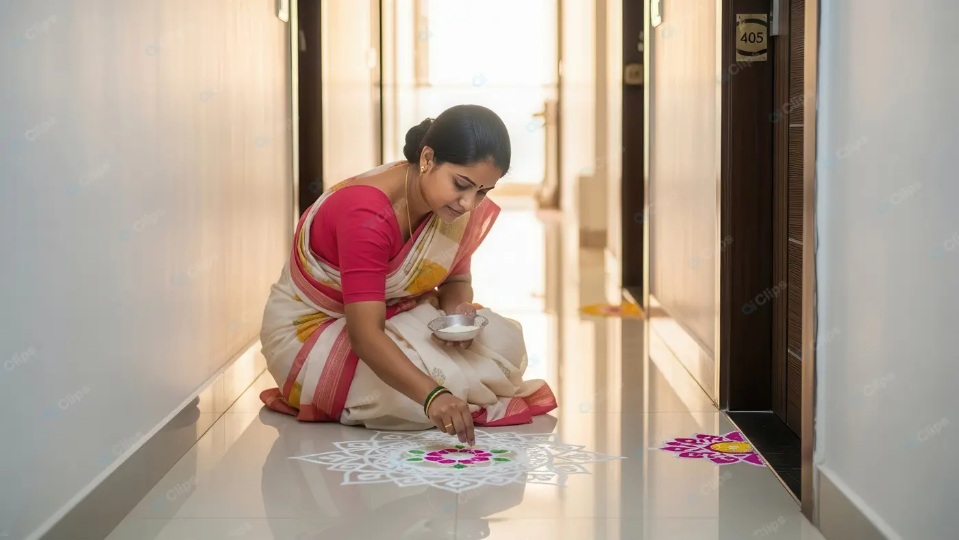 Indian Woman Creating Traditional Rangoli Art