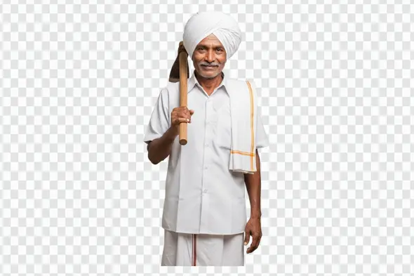 Smiling Indian Farmer Holding Hoe on Shoulder PNG