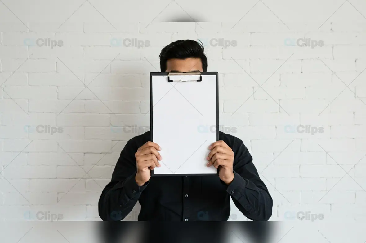 Man Holding Blank Clipboard Against White Brick Wall