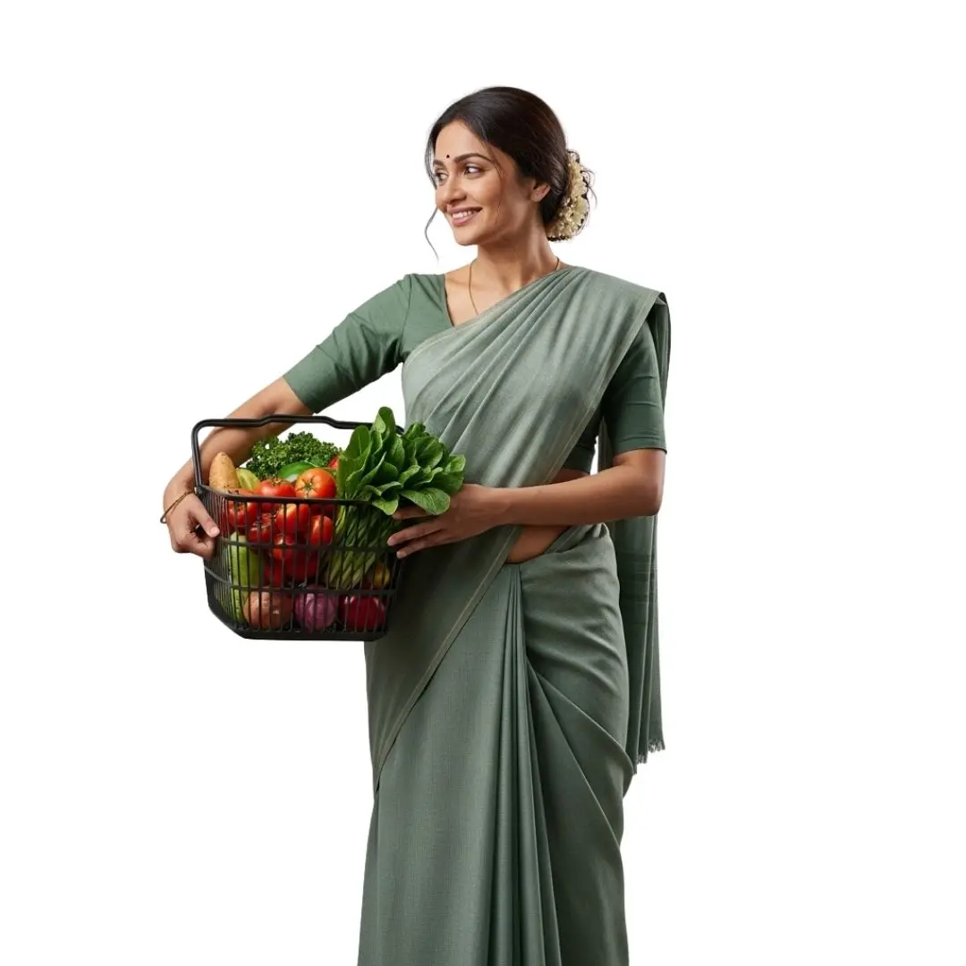 Happy Indian Woman Shopping for Fresh Vegetables PNG