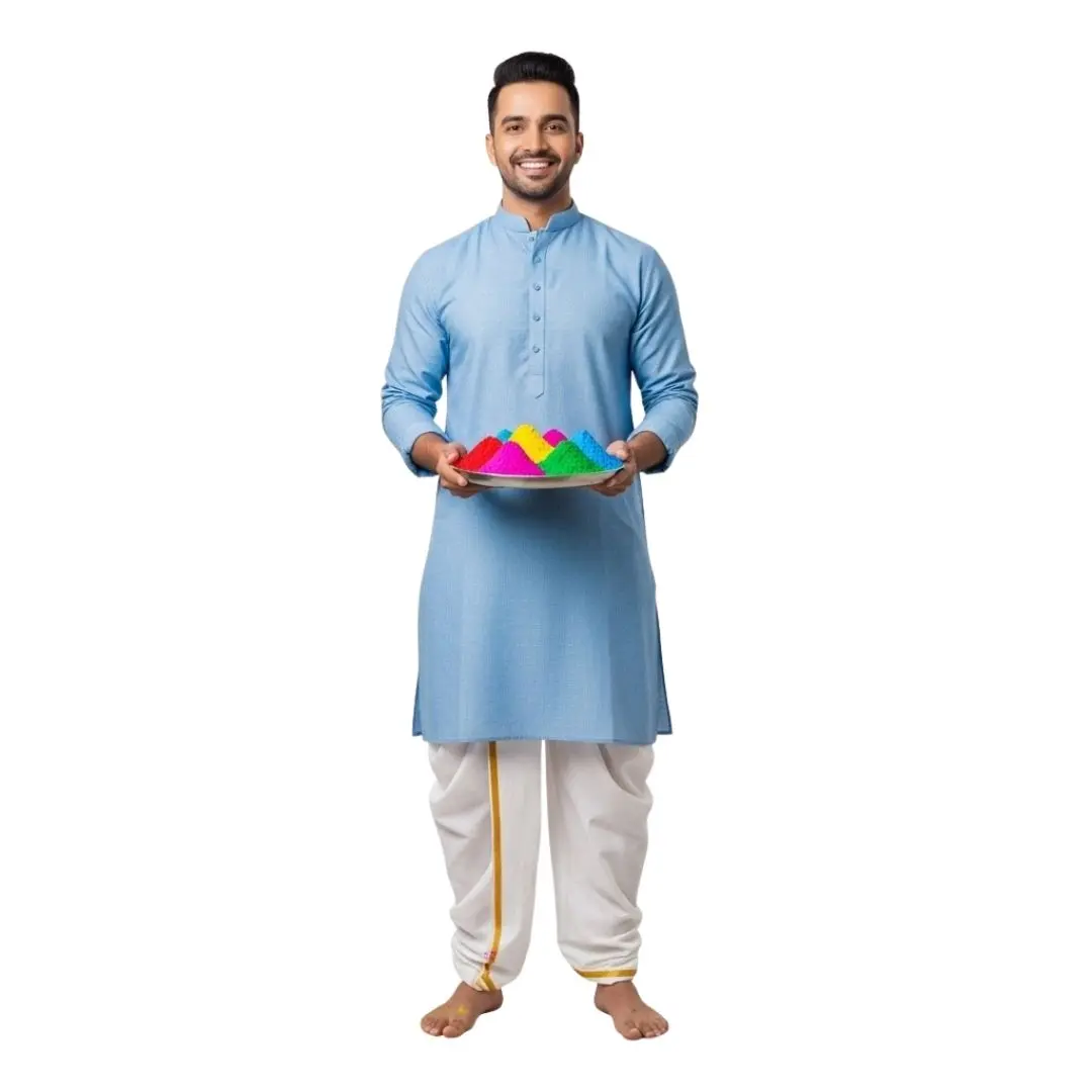 Indian Man in Kurta Holding Holi Colors Plate PNG