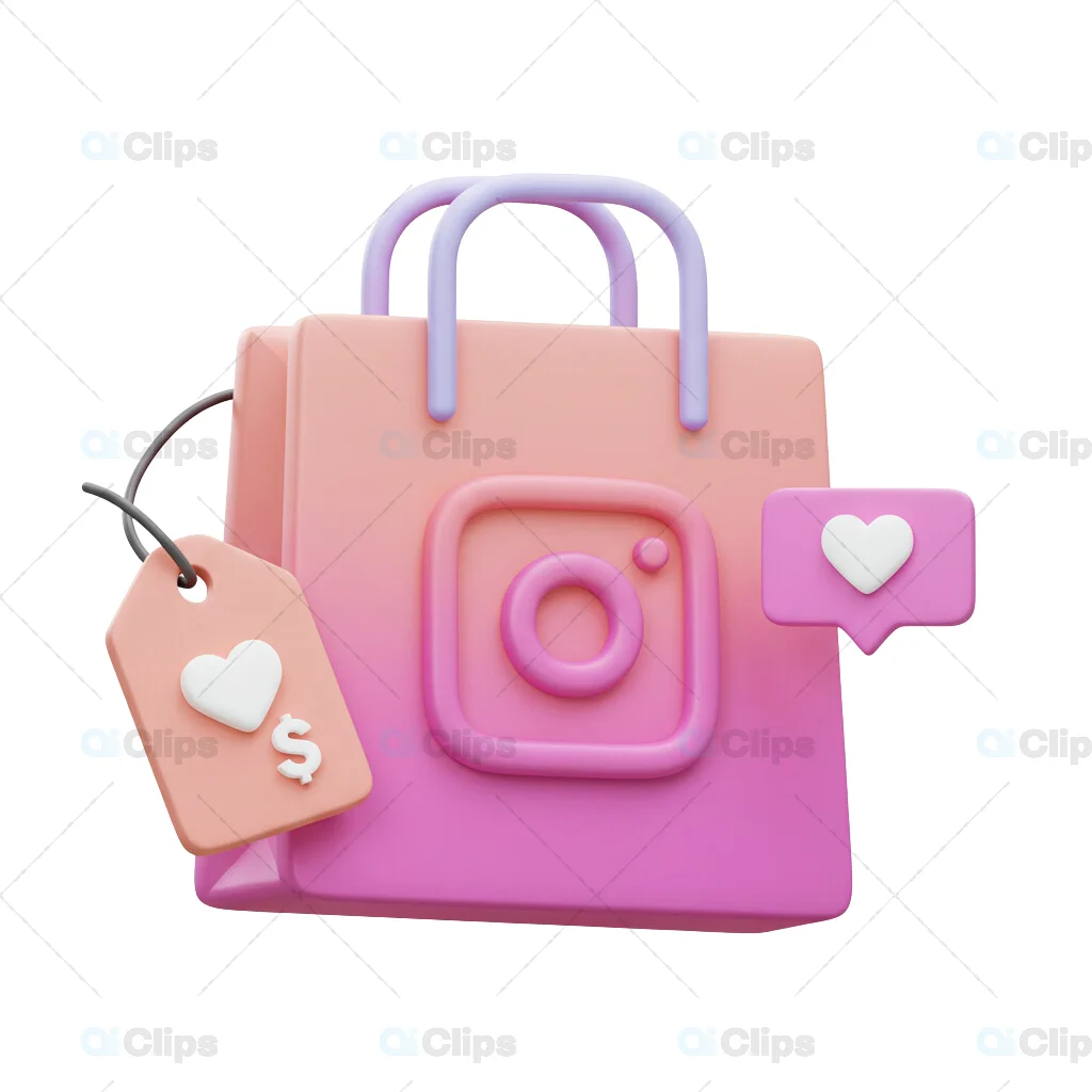 3D Instagram Shopping Bag with Price Tag and Like Icon