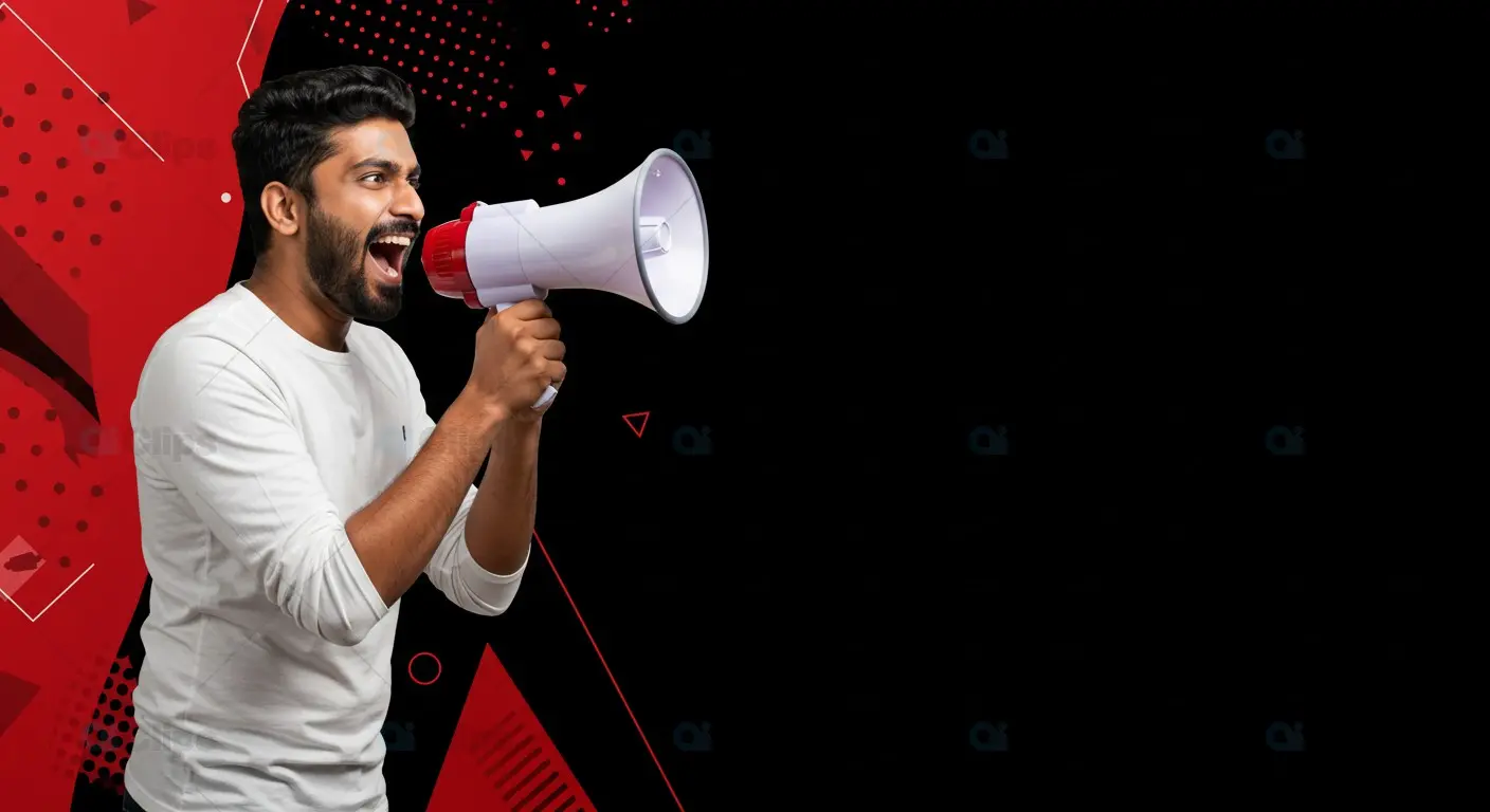 Indian Man Shouting Through Megaphone on Bold Red and Black Background