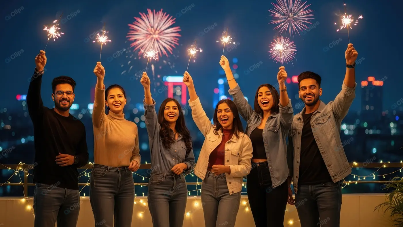 Young Friends with Sparklers on a City Rooftop