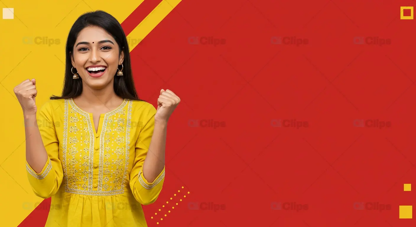 Cheerful Indian Woman in Yellow Kurta with Red Background