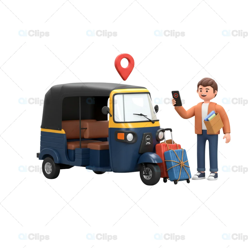 3D Auto Rickshaw with Traveler and Luggage