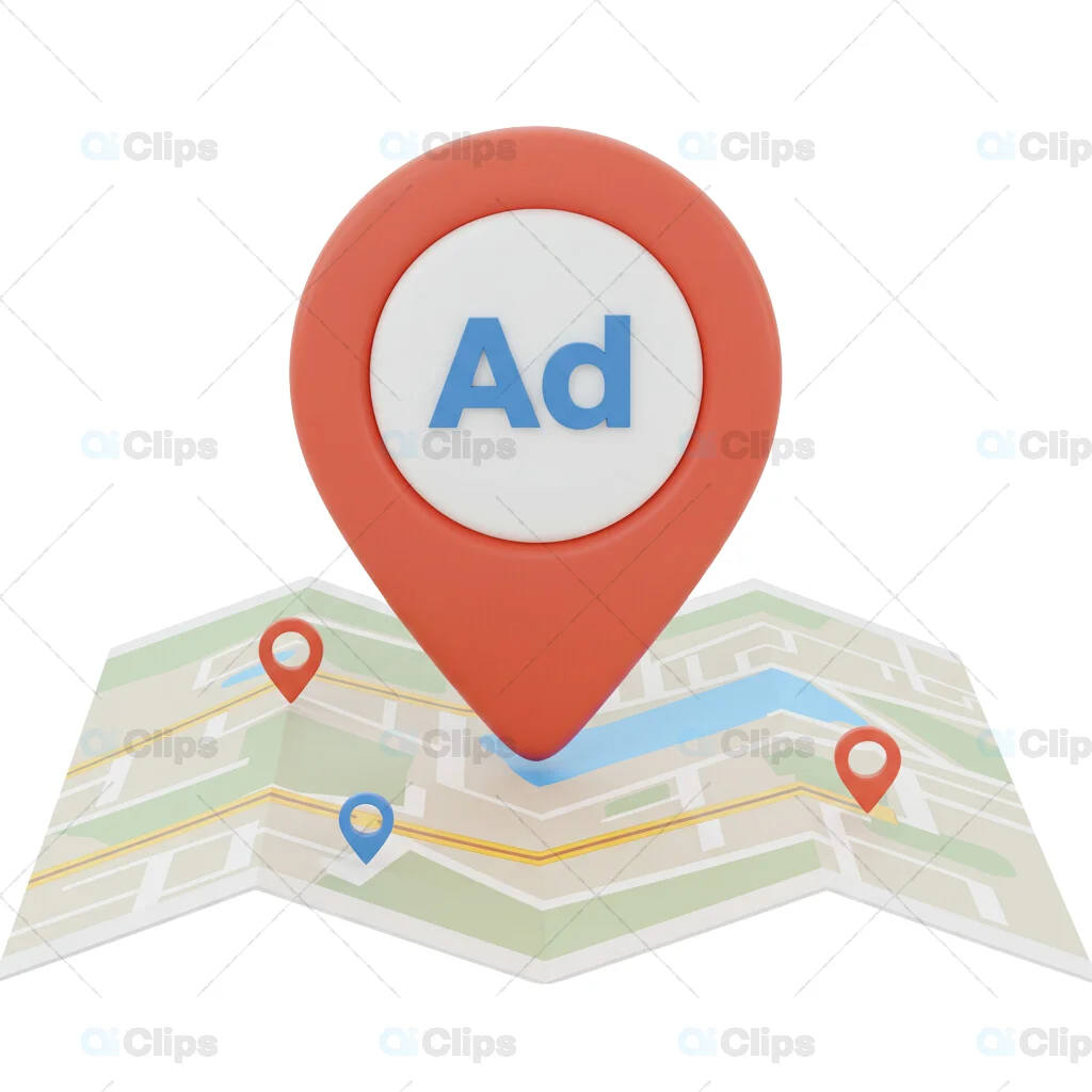 3D Location Pin with Ad Marker on Folded Map