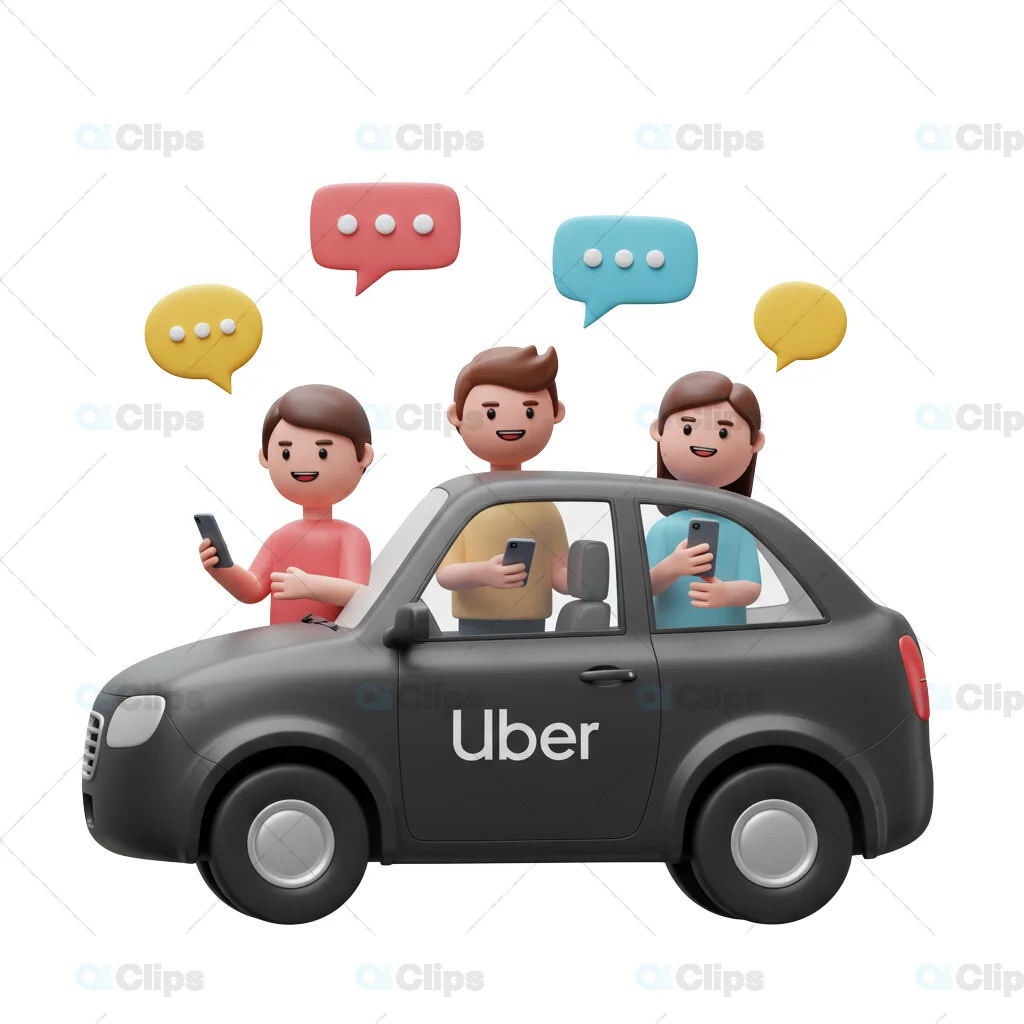 3D Uber Carpool Illustration with Engaged Passengers