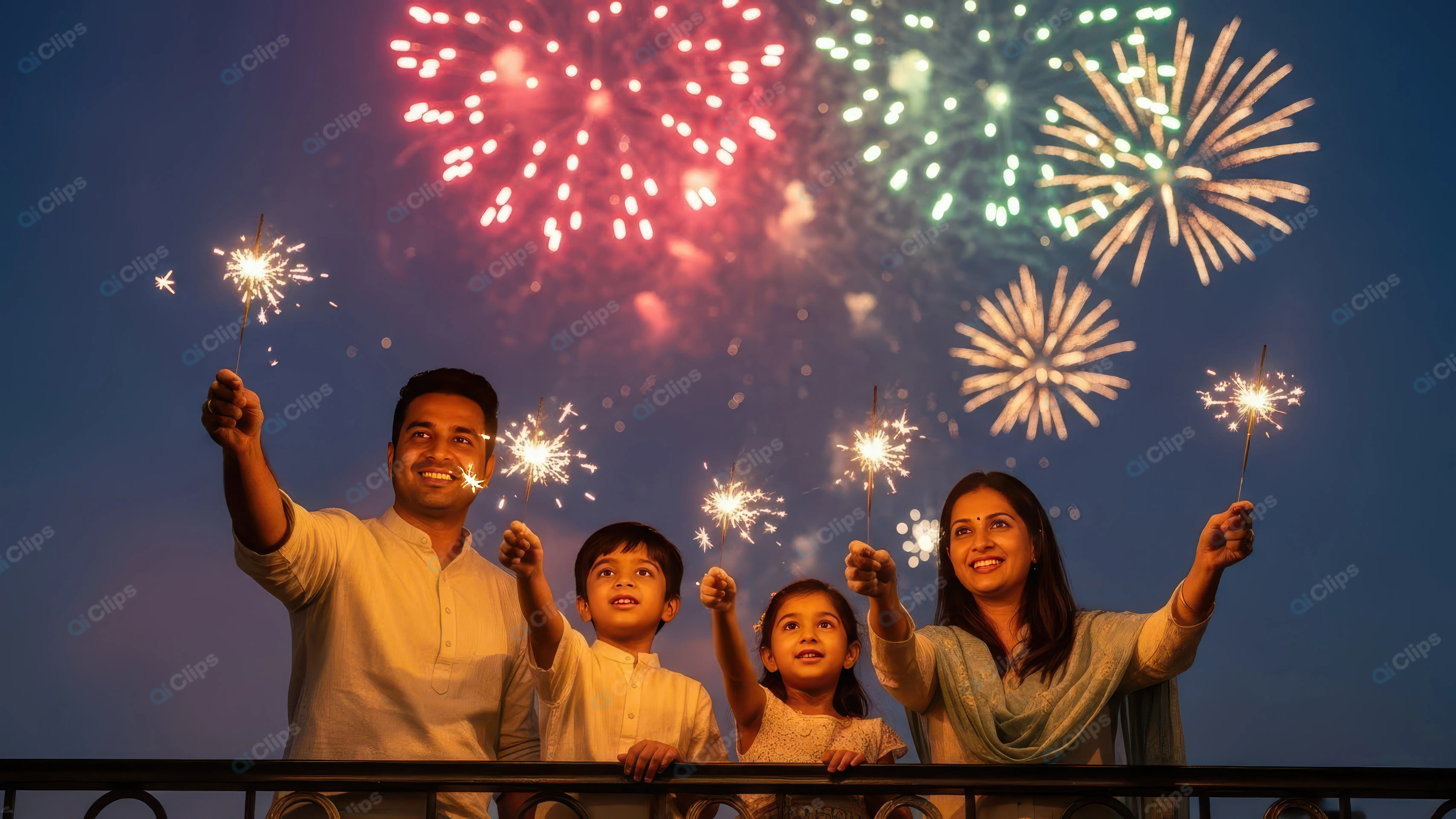 Radiant Indian Family Celebrating with Fireworks