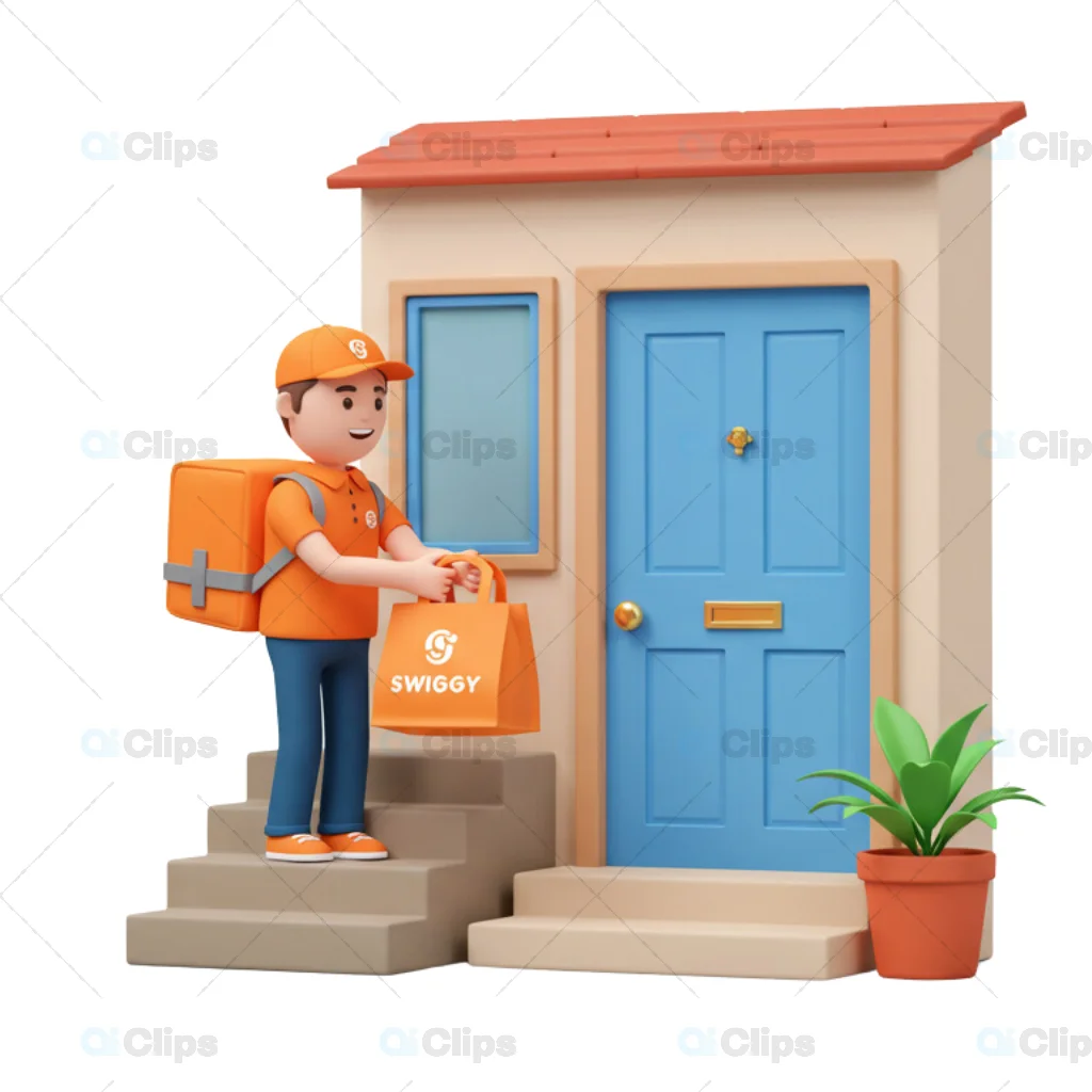 Swiggy-Themed Delivery Person 3D Illustration