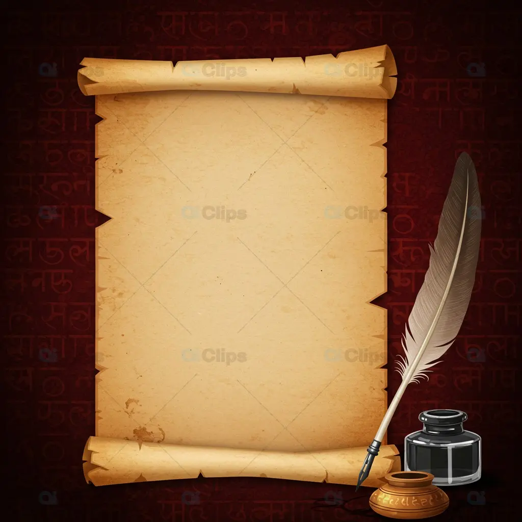 Vintage Scroll with Quill and Inkwell on Sanskrit Background
