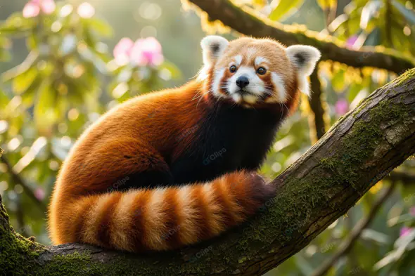 Adorable Red Panda in Blossoming Tree
