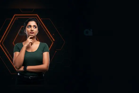 Indian Woman in Thoughtful Pose on Black and Orange Tech Background
