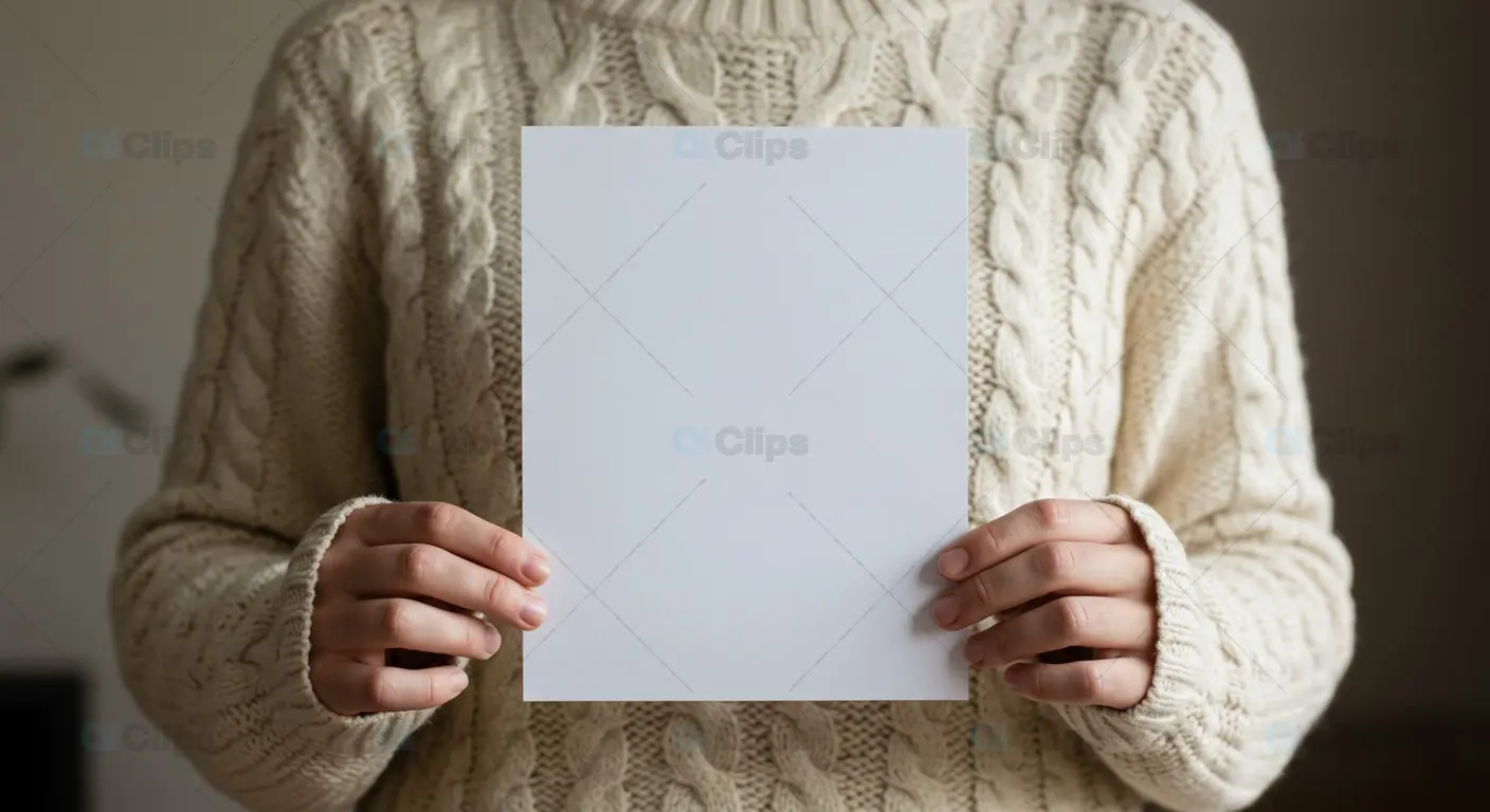 Blank A4 Paper Mockup Held by Woman in Sweater