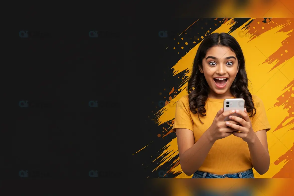 Excited Woman Using Smartphone on Black and Yellow Background