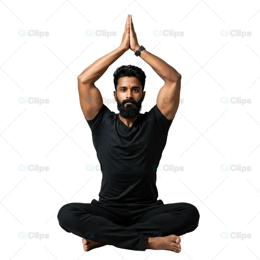 Bearded Man in Black Performing Yoga Namaste Pose on Transparent
