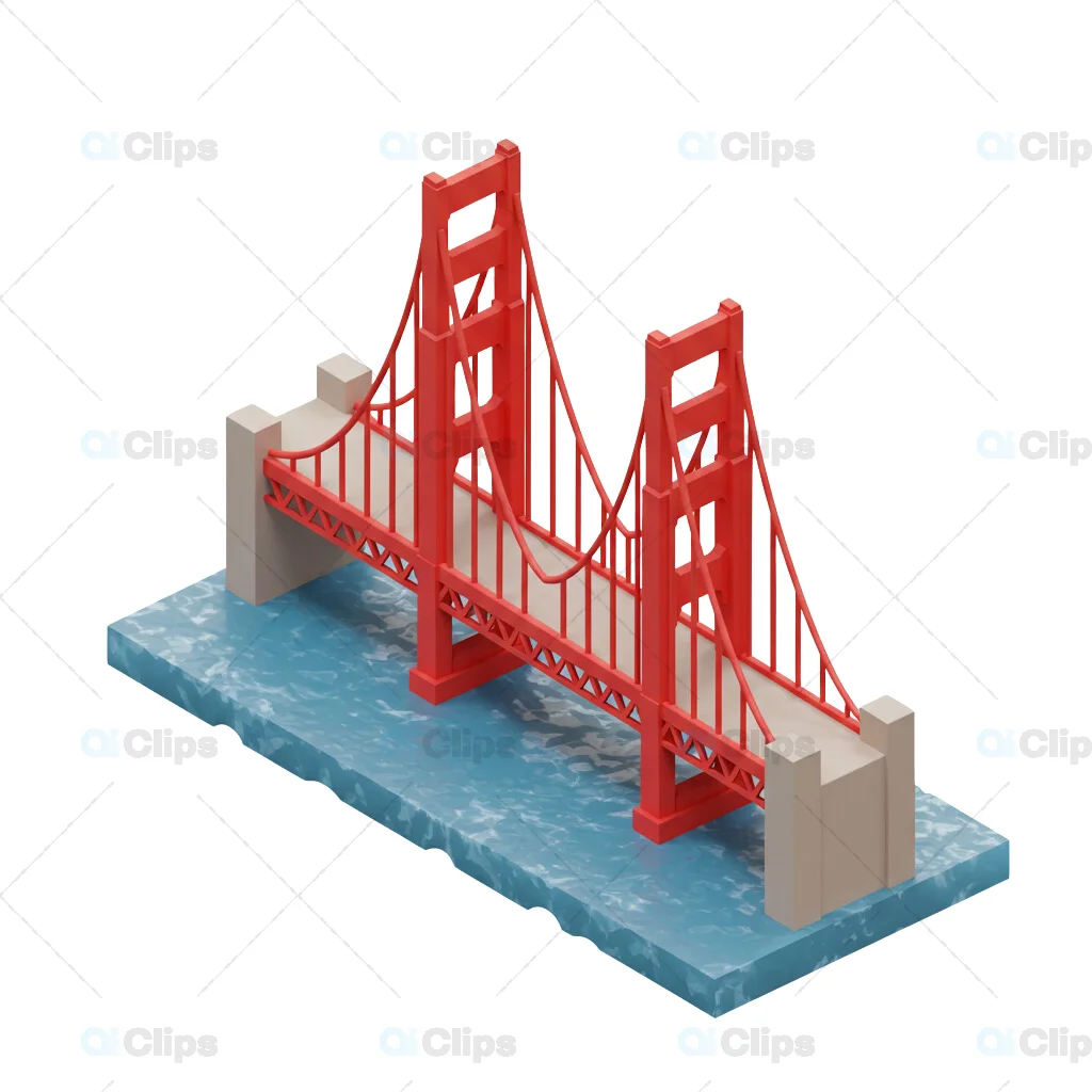 Isometric Golden Gate Bridge 3D Model Over Water