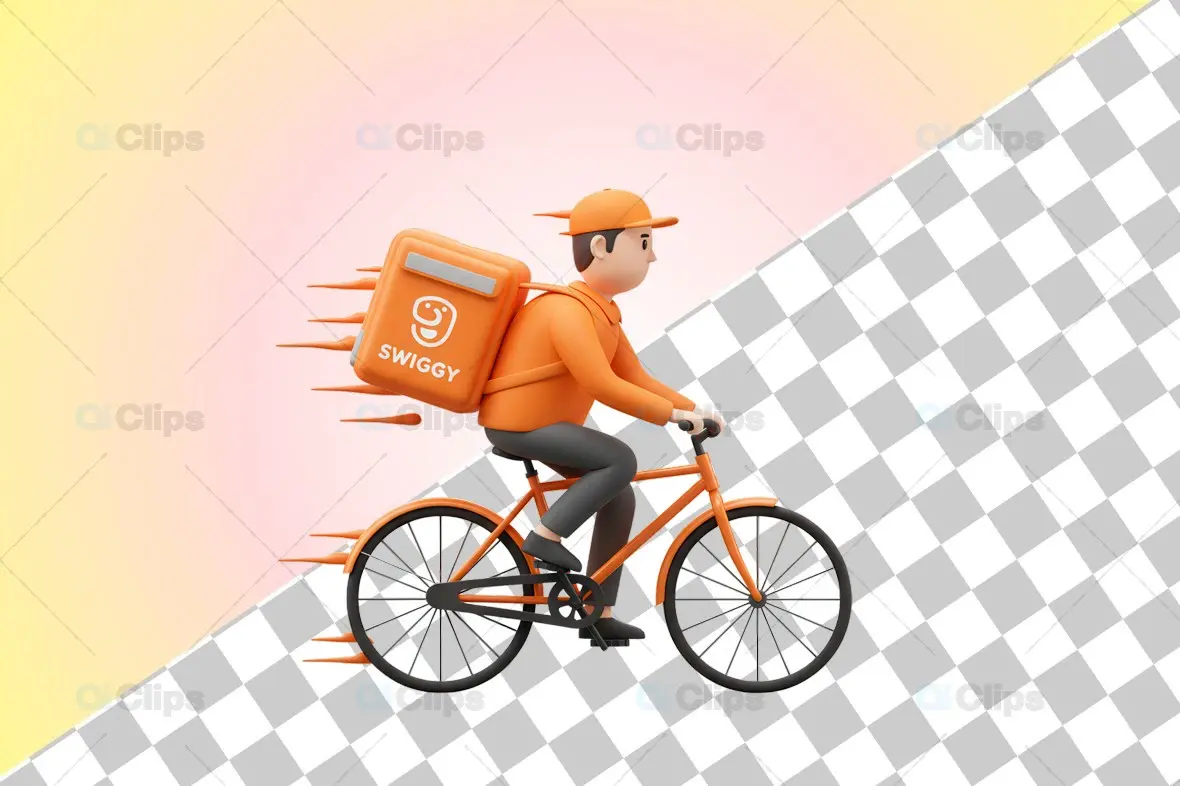 Swiggy Bicycle Delivery Rider - Dynamic 3D Illustration