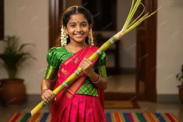 Joyful Girl with Sugarcane Celebration