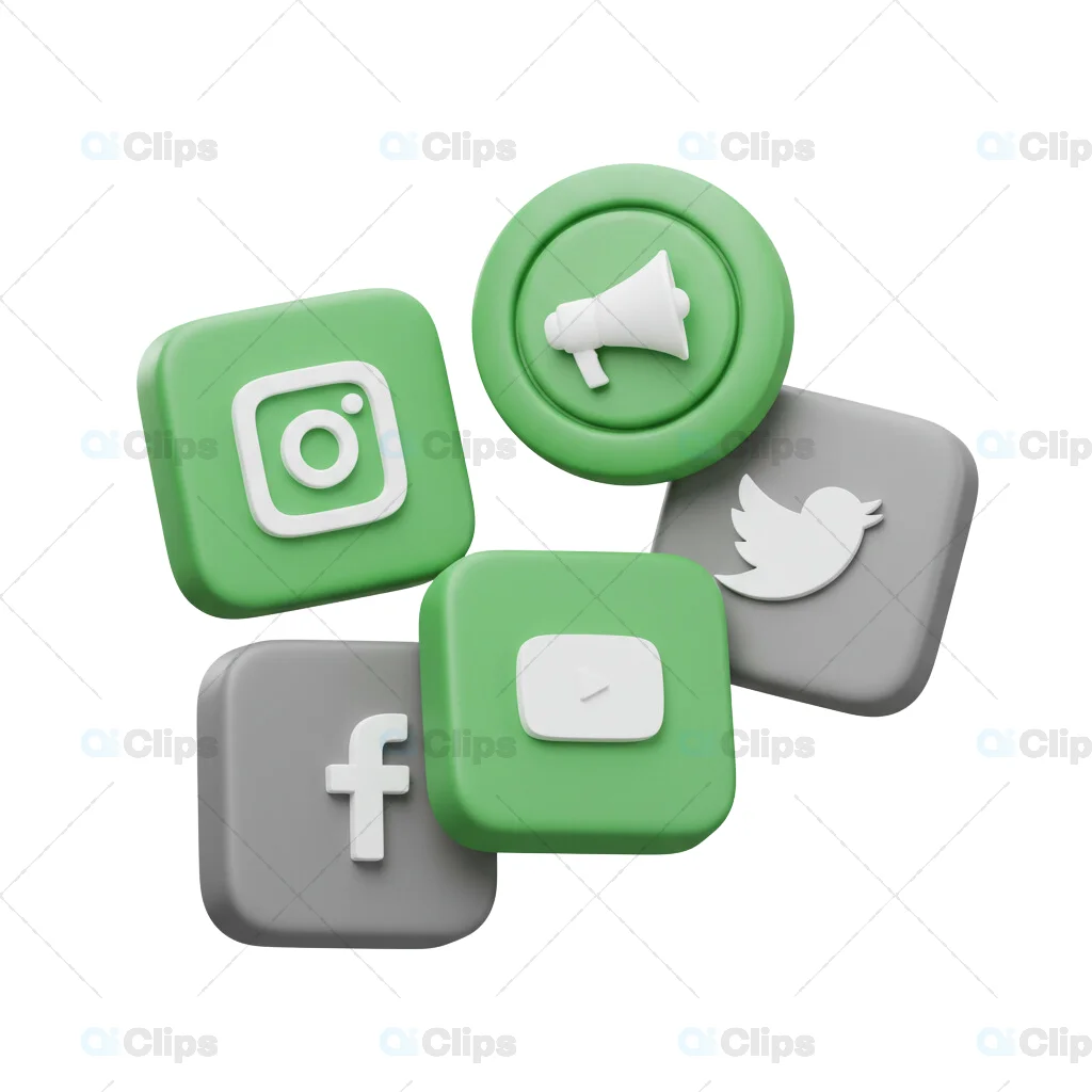 3D Social Media Icons in Green and Gray Color Scheme