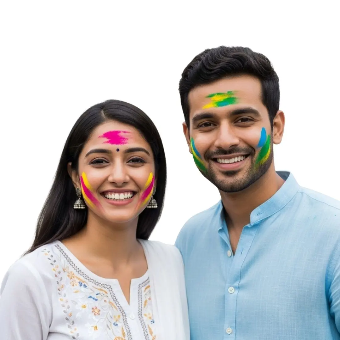 Smiling Indian Couple Celebrating Holi Festival PNG Clipart