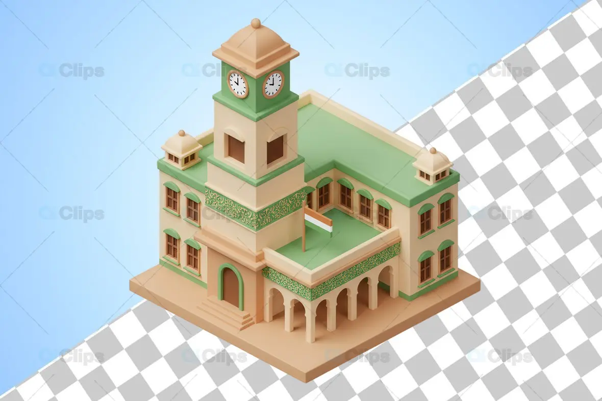 Isometric Colonial Clock Tower Building with Mint Green Accents